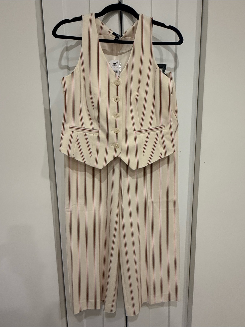 Express Cream and Red Striped Vest & Wide-Leg Pant Set